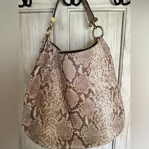 MICHAEL KORS Purse Hallie Snakeskin Print Large Tote Tan